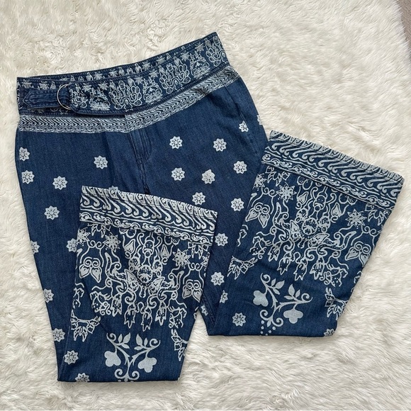 Free People We The Free Pants Journey Flare Jeans Belted Printed Retro Blue 27 - Picture 2 of 12